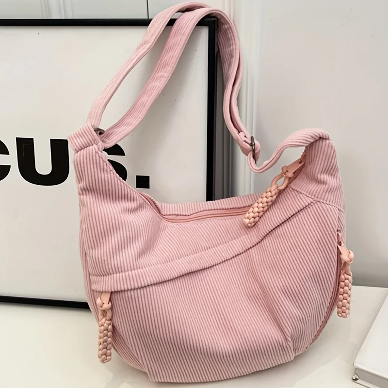 Corduroy Large Capacity Canvas Tote Bags, Fashion and Versatile Casual Single Shoulder Handbag, College Style Commuting Unisex