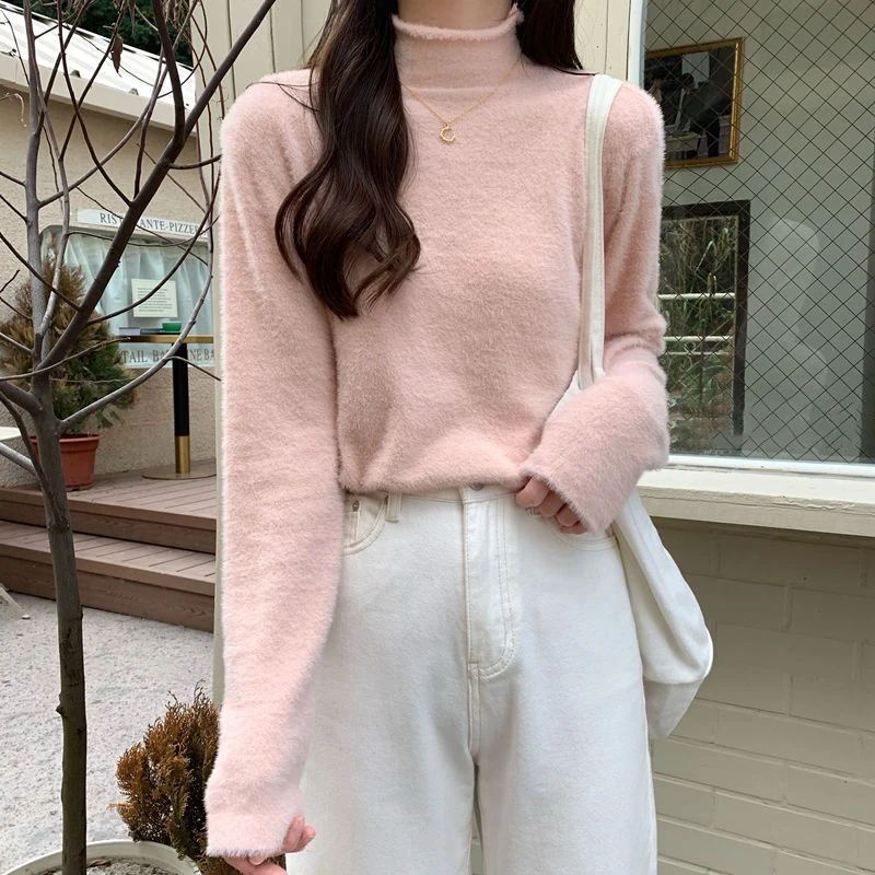 Solid Color Half Turtleneck Casual Basic Tops Women Velvet Knitted Sweater