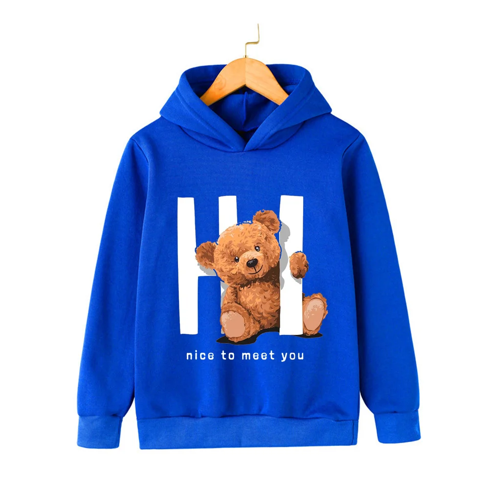 Hi Teddy Bear  Kawaii Girls Boys Print Hoodie Black Girls Baby Hoodie Fashion Harajuku Kids Sweatshirt Jacket Spring Tops