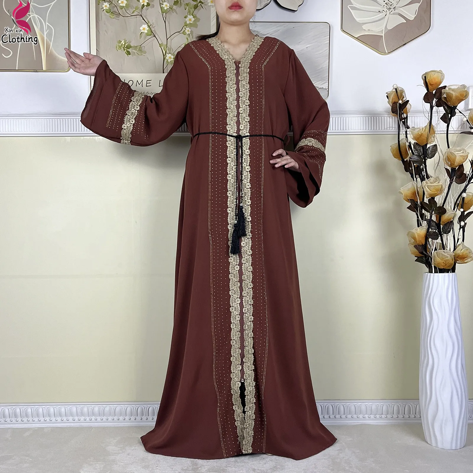 New Style Dubai Women Elegant Dress Embroidery Chiffon Open Abaya with Zipper Islamic Lady Long Dress Abaya Women Muslim Dress