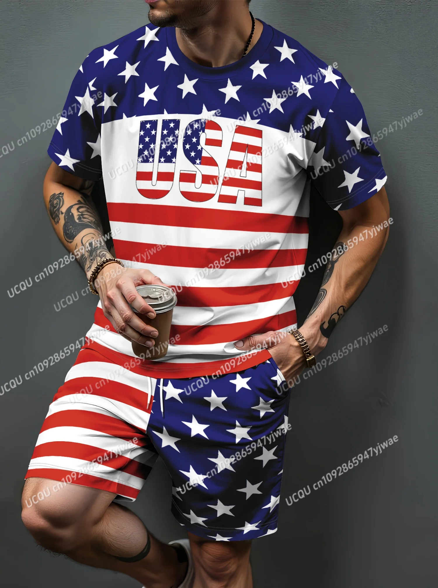 

2025 Summer Usa Flag Print Stars Stripe Men's Tracksuit 2 Pieces Set Casual Sport T-Shirt Shorts Set Men's Jogging Men Clothes