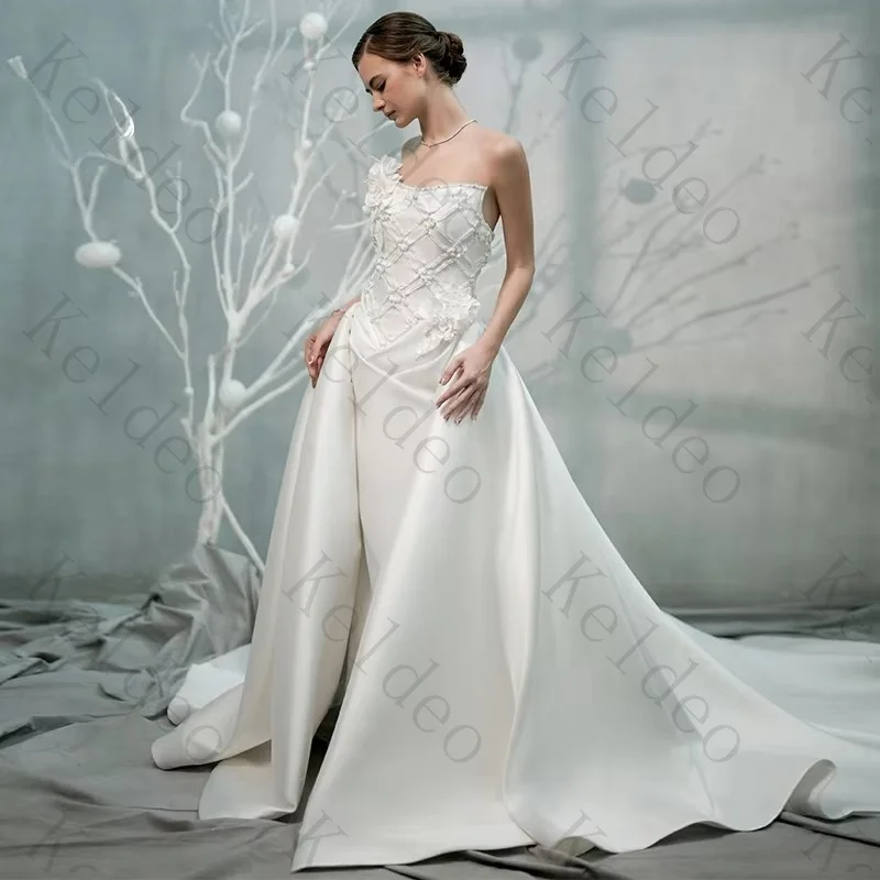 Customized Sexy Strapless Mermaid Long Sleeves Wedding Dresses Flowers Pearls Removable Train Floor-Length Bridal Gowns for 2026