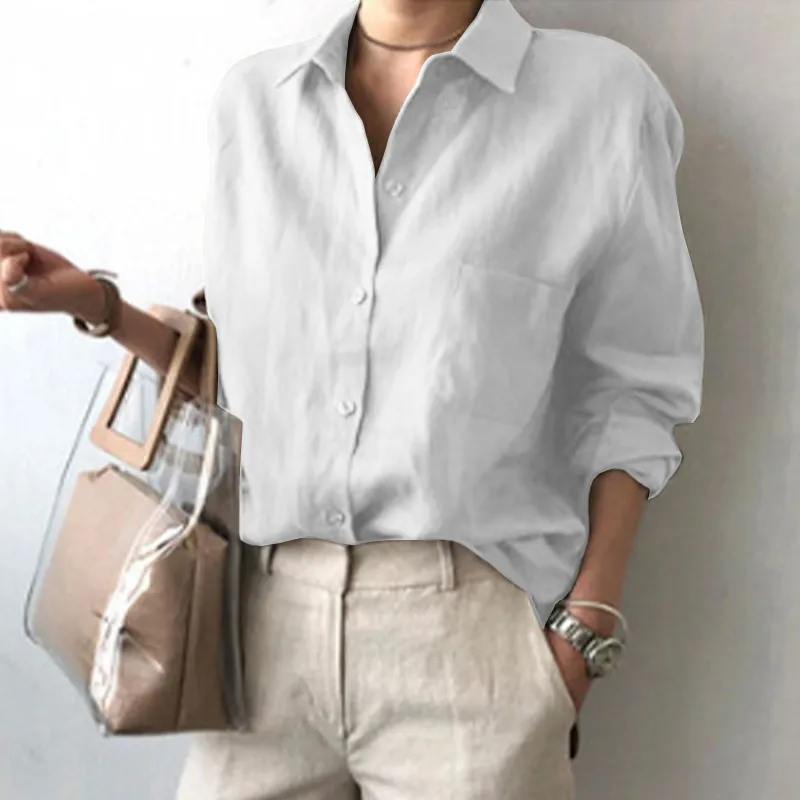Women's Long-Sleeved Collared Button Comfortable Casual Blouse Spring Office Cotton-Linen  POLO Shirt