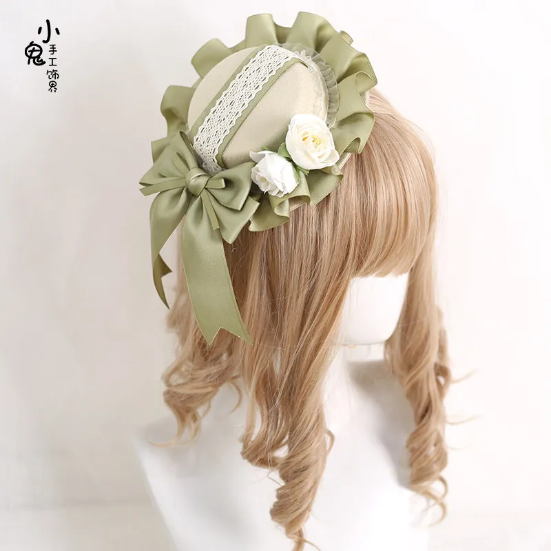 Meadow Green Lolita Mini Top Hat and Headband Set, Forest Country Kei Style Hair Clip Hair Accessories for Women Girls 2