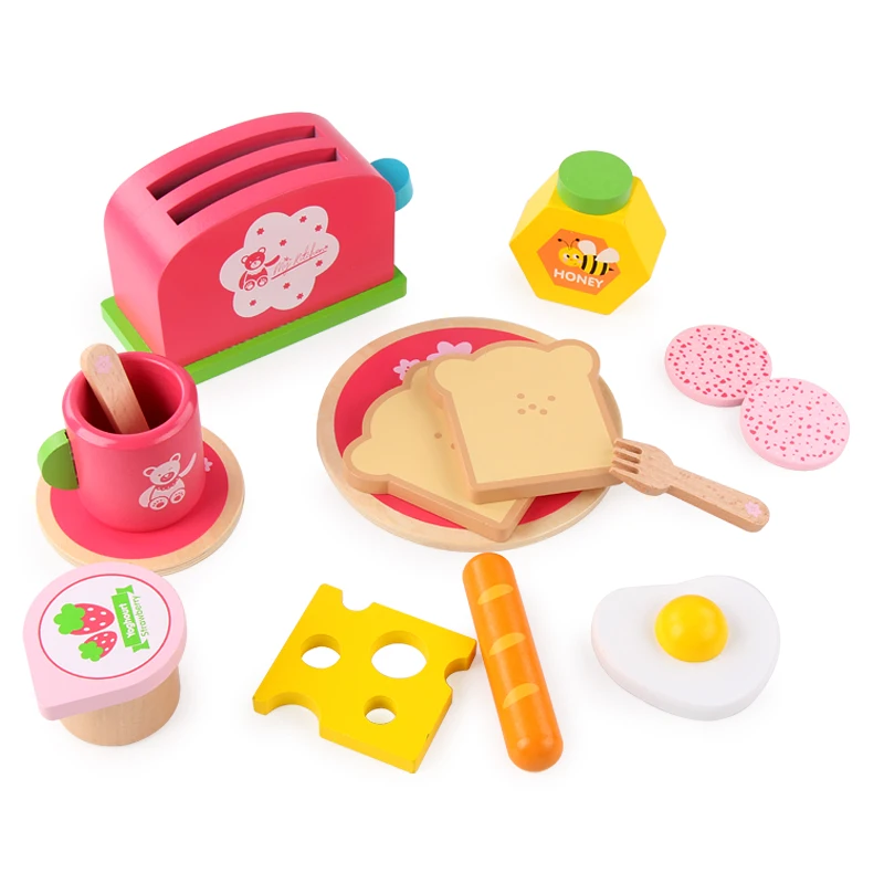 

DIY Girls Pretend Role Play Kitchen Toy Wooden Afternoon Tea Set Toys For Kids Delicious breakfast Bread Maker Montessori