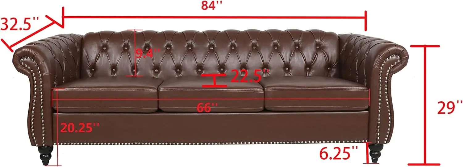 Chesterfield Sofa Classic Tufted Upholstered Leather Couch Modern 3 Seater Couch Furniture with Tufted Back for Living Room