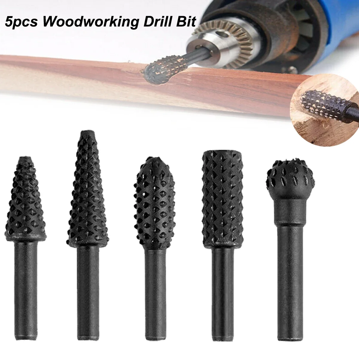 Woodworking Hand Tool 5pcs 1/4" Rotary Rasp File Woodworking Drill Bit Set Shank Rotary Craft Files Rasp Burrs Grinding Power