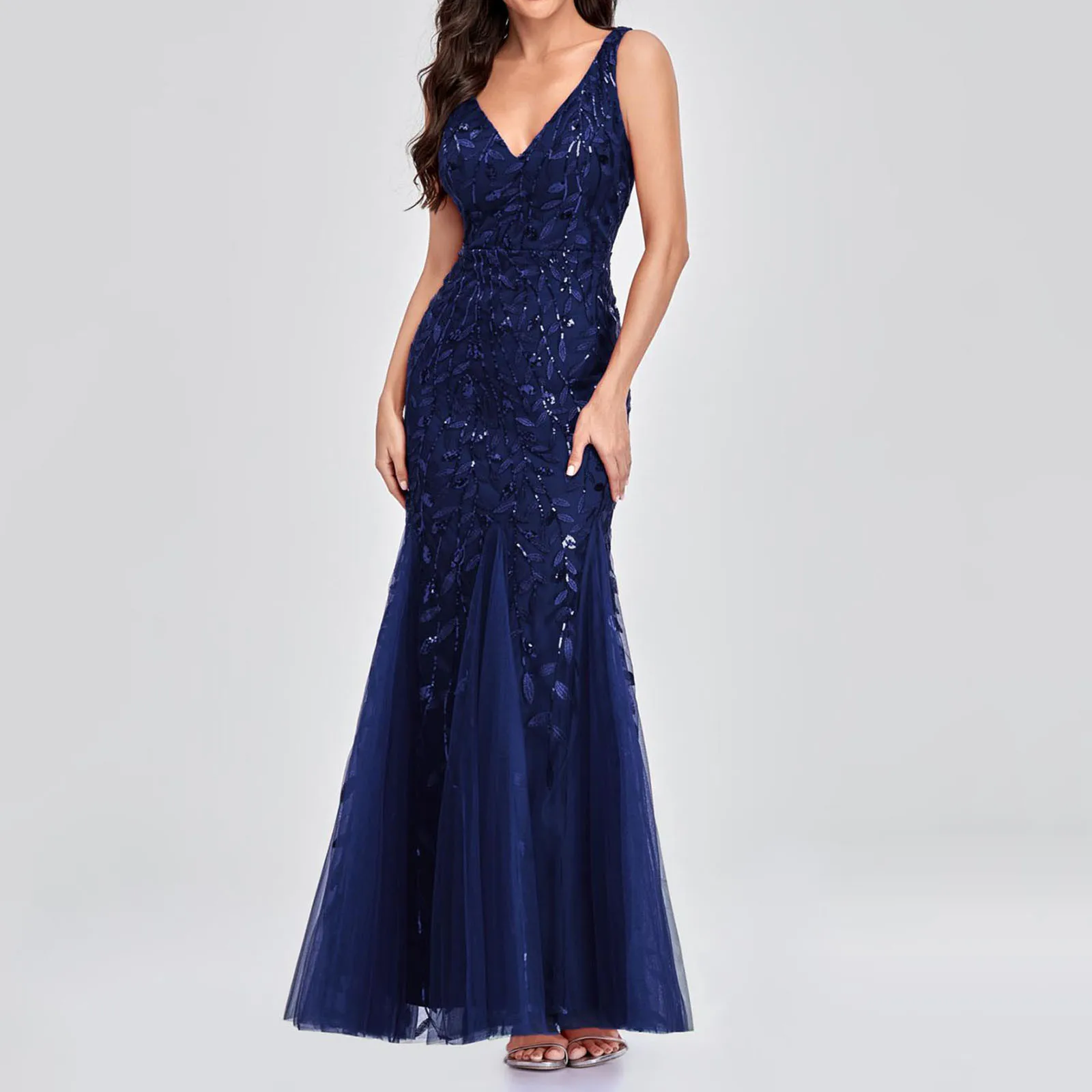 Temperamento vestidos de noite feminino elegante sem mangas com decote em v malha lantejoulas fino ajuste casamento vestido de dama de honra feminino vestidos de festa