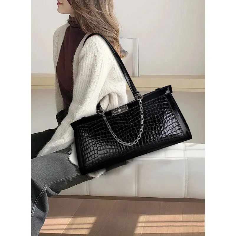 Large Capacity Crocodile Pattern Women Handbags 2024 New Lady Casual Underarm Bag Genuine Leather All-Match Shoulder Bags