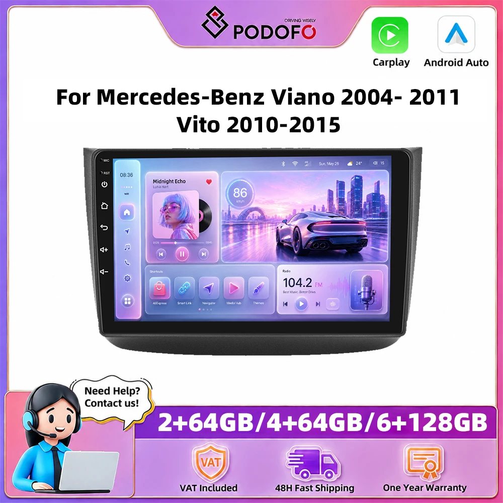 Podofo Autoradio 10 pouces pour Mercedes-Benz Viano 2004-2011 Vito 2010-2015, Carplay sans fil, Android Auto, systèmes de voiture intelligents, navigation GPS, lecteur multimédia, MirrorLink, BT, WIFI, unité principale