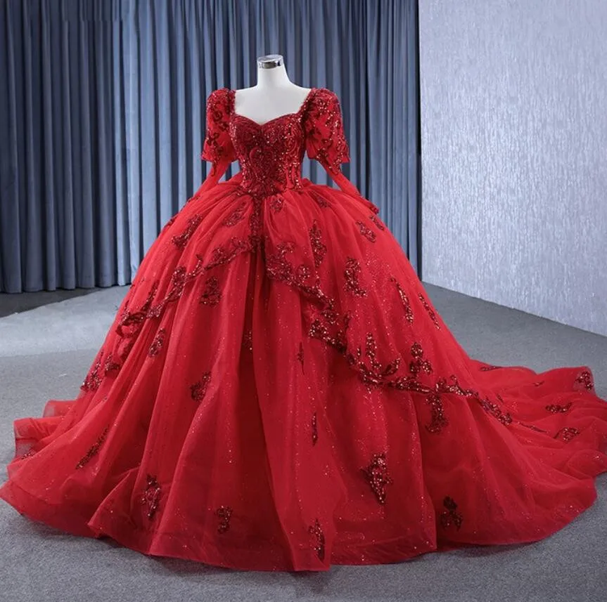 أميرة Quinceanera فساتين ، كم طويل ، زين سباركلي ، الترتر الدانتيل متابعة مشد ، النبيذ الأحمر ، الفاخرة ، 15