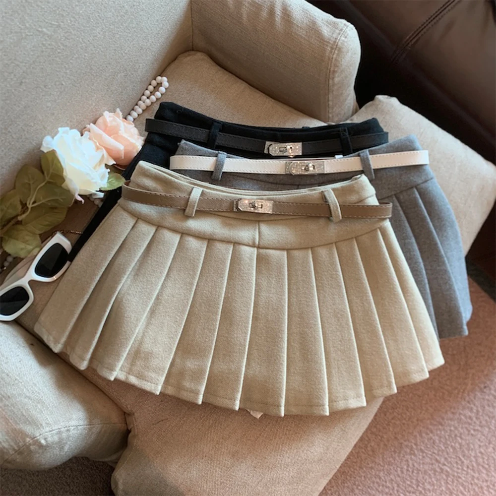 

Women Khaki Mini Pleated Skirt Vintage Low Waist Short Skirt Harajuku Korean Style Y2k A-line Skirt 2000s Spring Summer Clothes