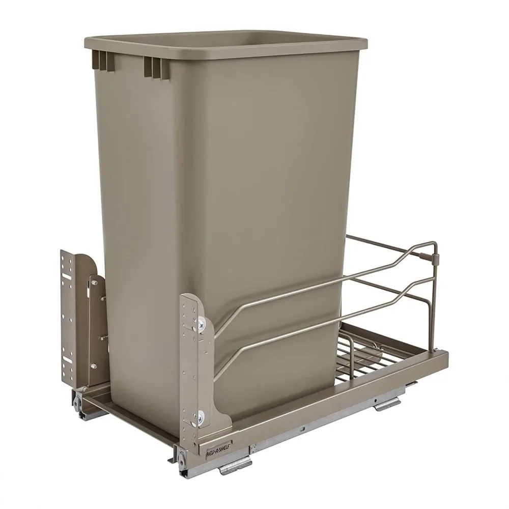 

rev-a-shelf pullout trash can for full height kitchen cabinets 50 quart 12.5 gallon with soft-close slides and storage, champagn