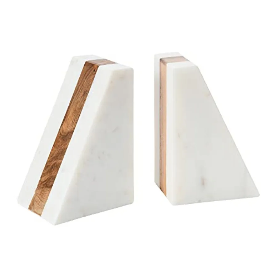 

Marble Geometric Bookends with Wood Inlay, White