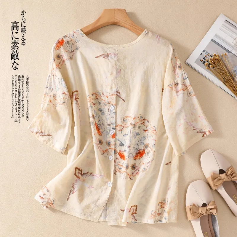 Chinese Style Women\'s Shirt Summer Prints Vintage Blouses Loose Short Sleeves Women Tops Cotton Linen Fashion Clothing