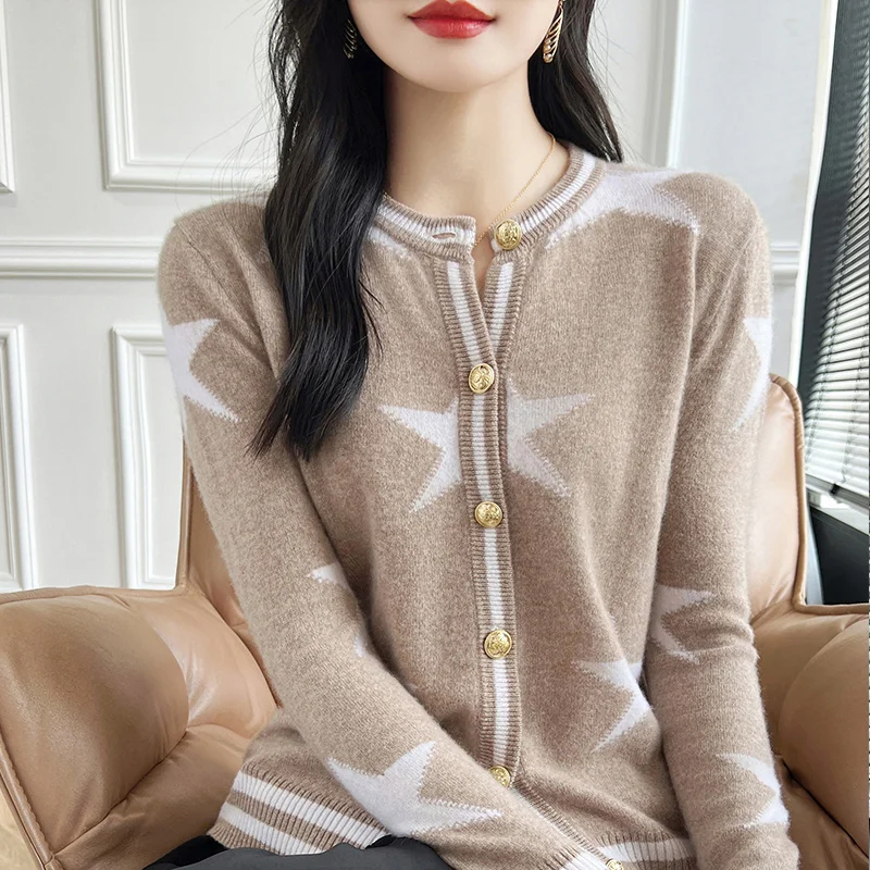 Autumn Winter New 100% Wool Women Clothing Fashion Round Neck Knitted Cardigan Casual Loose Embroidered Tops Long Sleeve Sweater