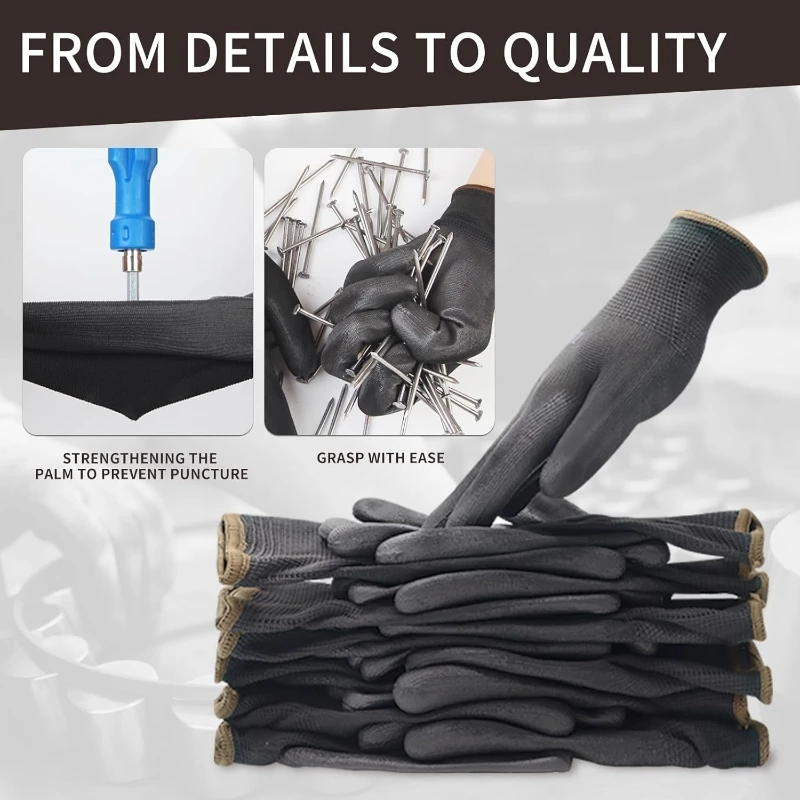 2/6Pairs Work Safety Gloves PU Coated Safety Gloves with Grip Light Duty Seamless Knit Gloves for Industrial Warehouse Assembly
