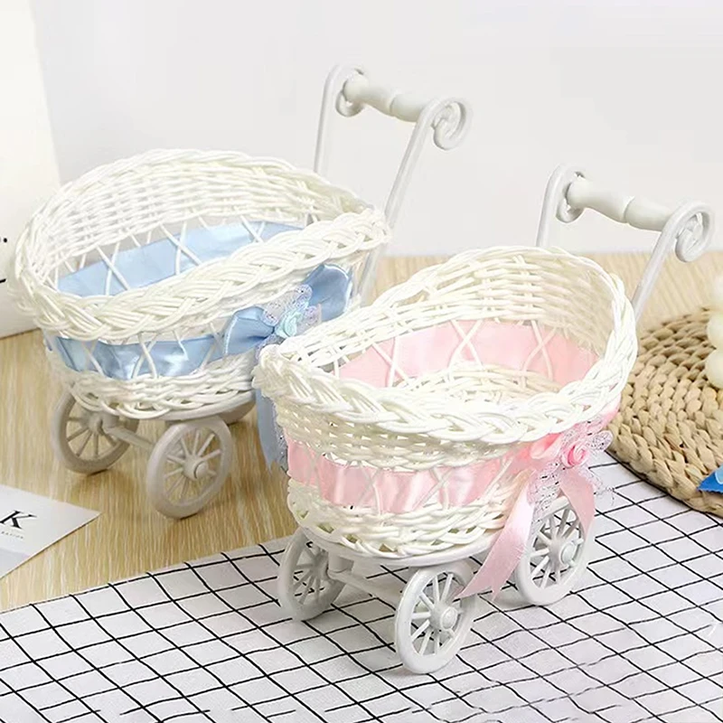 Cesta de carrinho de bebê encantadora decoração tecida mini brinquedo de armazenamento fofo frutas doces