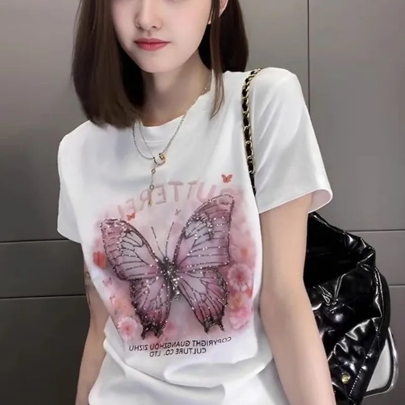 Summer Women\'s Pullover Round Neck Letter Butterfly Printing Bright Silk Short Sleeve Rhinestone T-shirt Casual Commute Tops