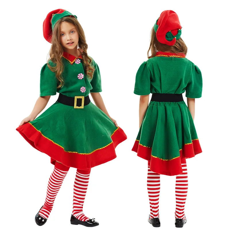 Green Elf Boys Girls Christmas Cosplay Costume Festival Santa Clause Set for Kids New Year Tops Pants Hat Belt Xmas Party Dress