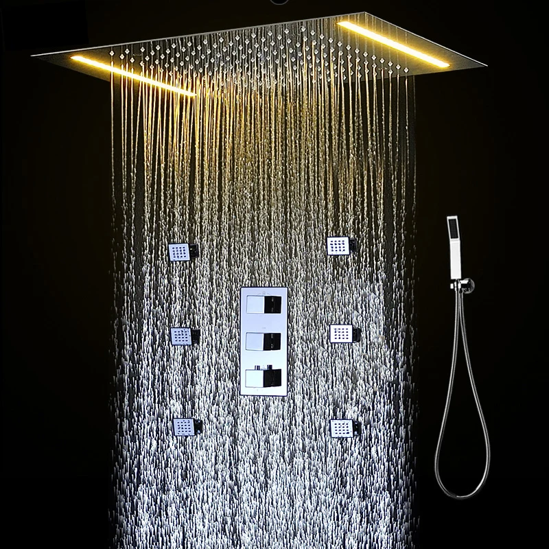 

High Quality Bathroom Ceiling Rainfall Shower Set 360*500MM LED Rain Shower Head Panel With Thermostatic Diverter Mixer Faucets
