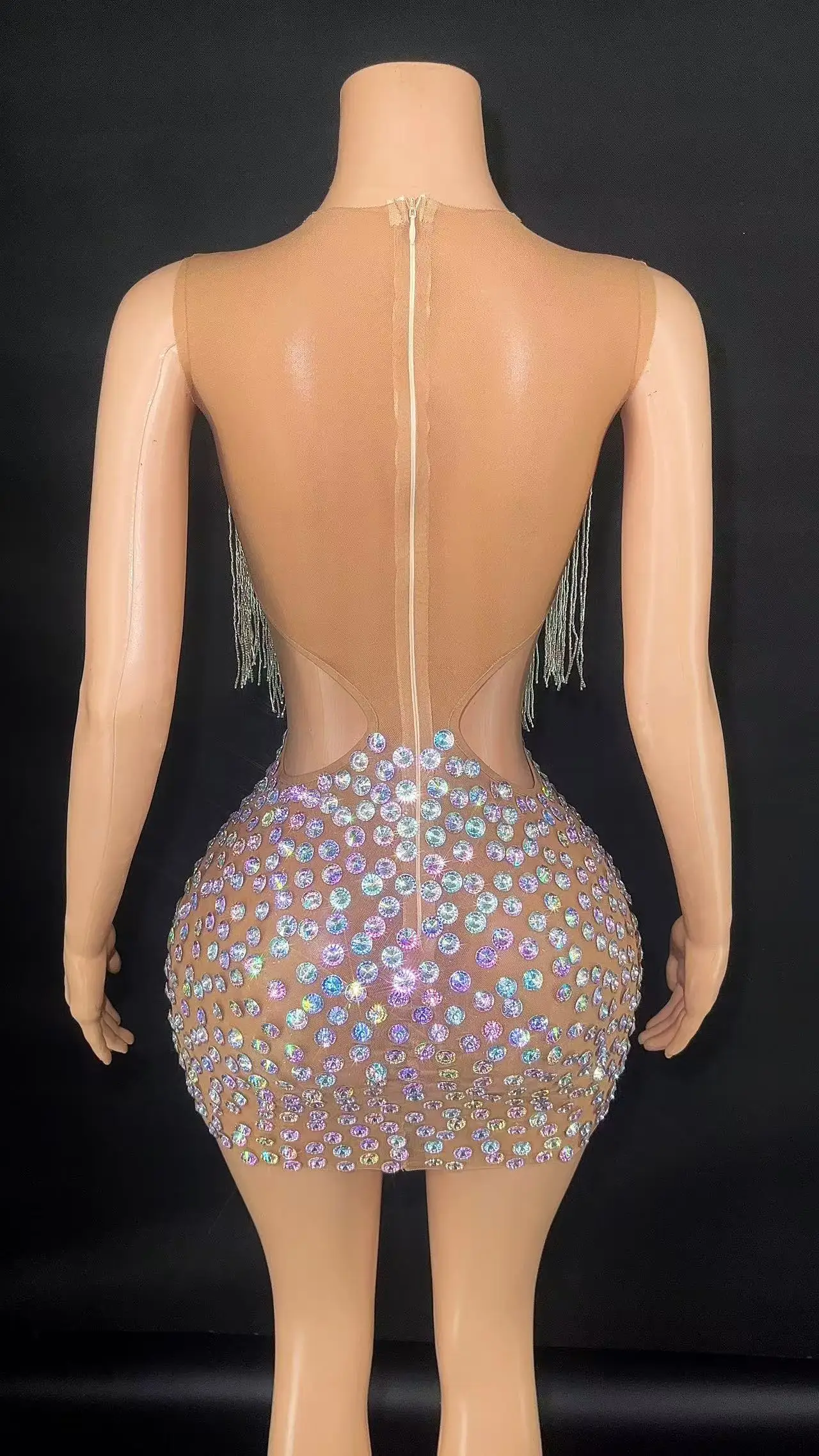 Sparking Diamonds Crystal Sexy Mesh See Through Bodycon Mini Dress Women Birthday Party Celebrate Performance Costume