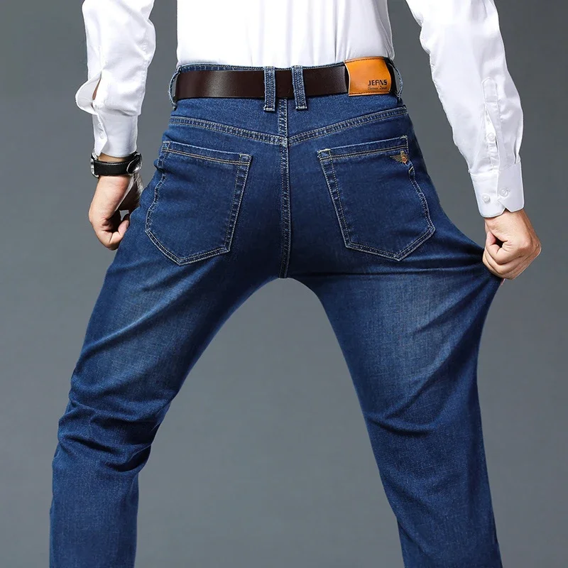 

Spring and Autumn Cotton Jeans Men's Classic Straight Business Denim Pants Elastic Slim Fit Men's Plus Size Pants