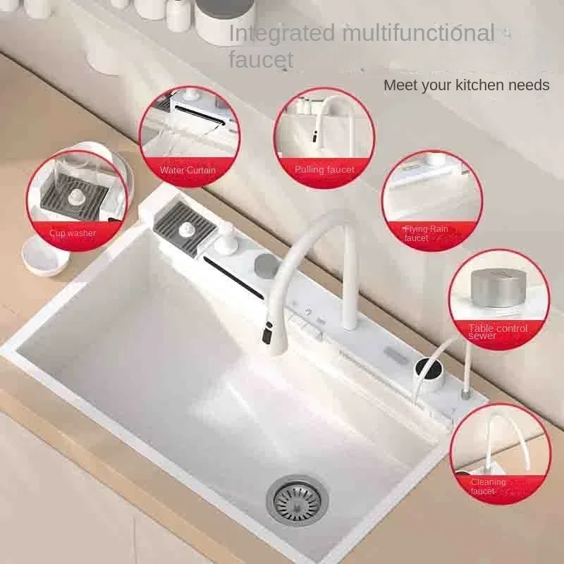 White Stainless Steel Waterfall Faucets Kitchen Kitchen Sink Digital Display Piano Key Sink With Soap Dispenser