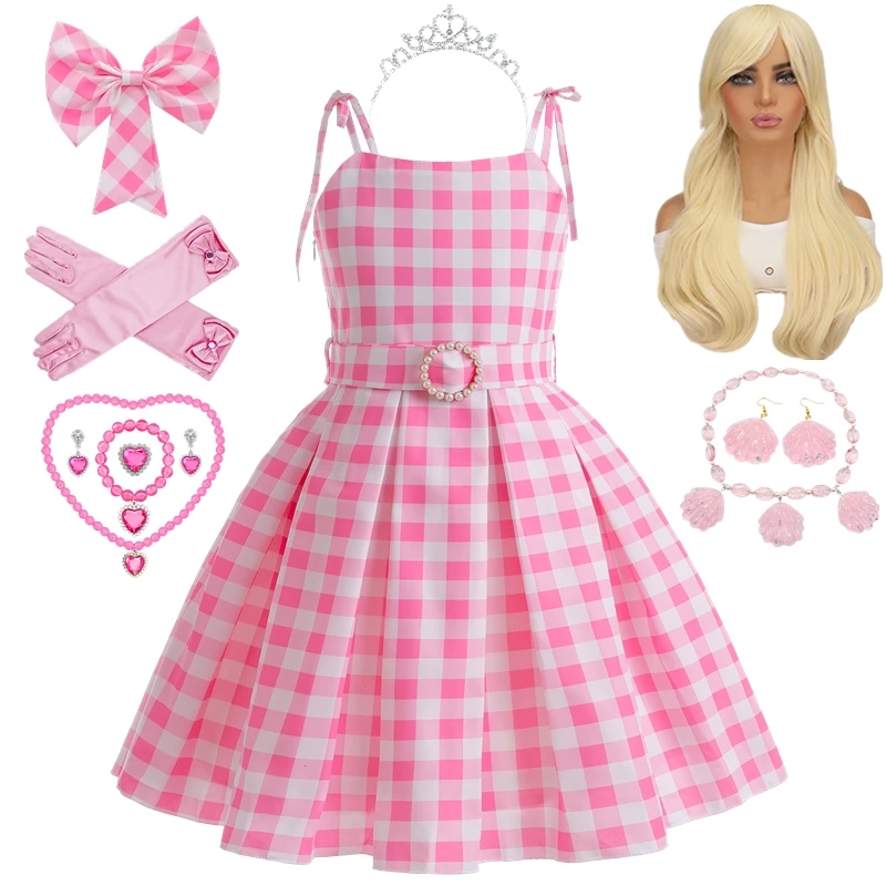 Girls Movie Barbi Princess Tutu Dress Outfit Pink Plaid Barbi Costume for Kids Halloween Birthday Party Tulle Dresses Clothes