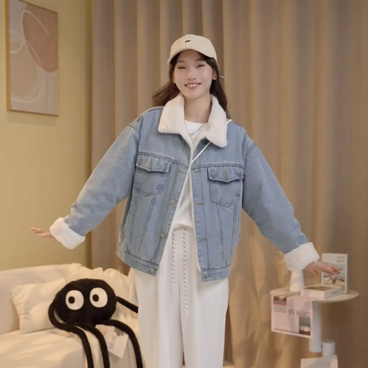 

Джинсовые пальто, длинные меховые плюшевые женские осенние облегающие французские изысканные городские офисные утягивающие универсальные лоскутные куртки на пуговицах