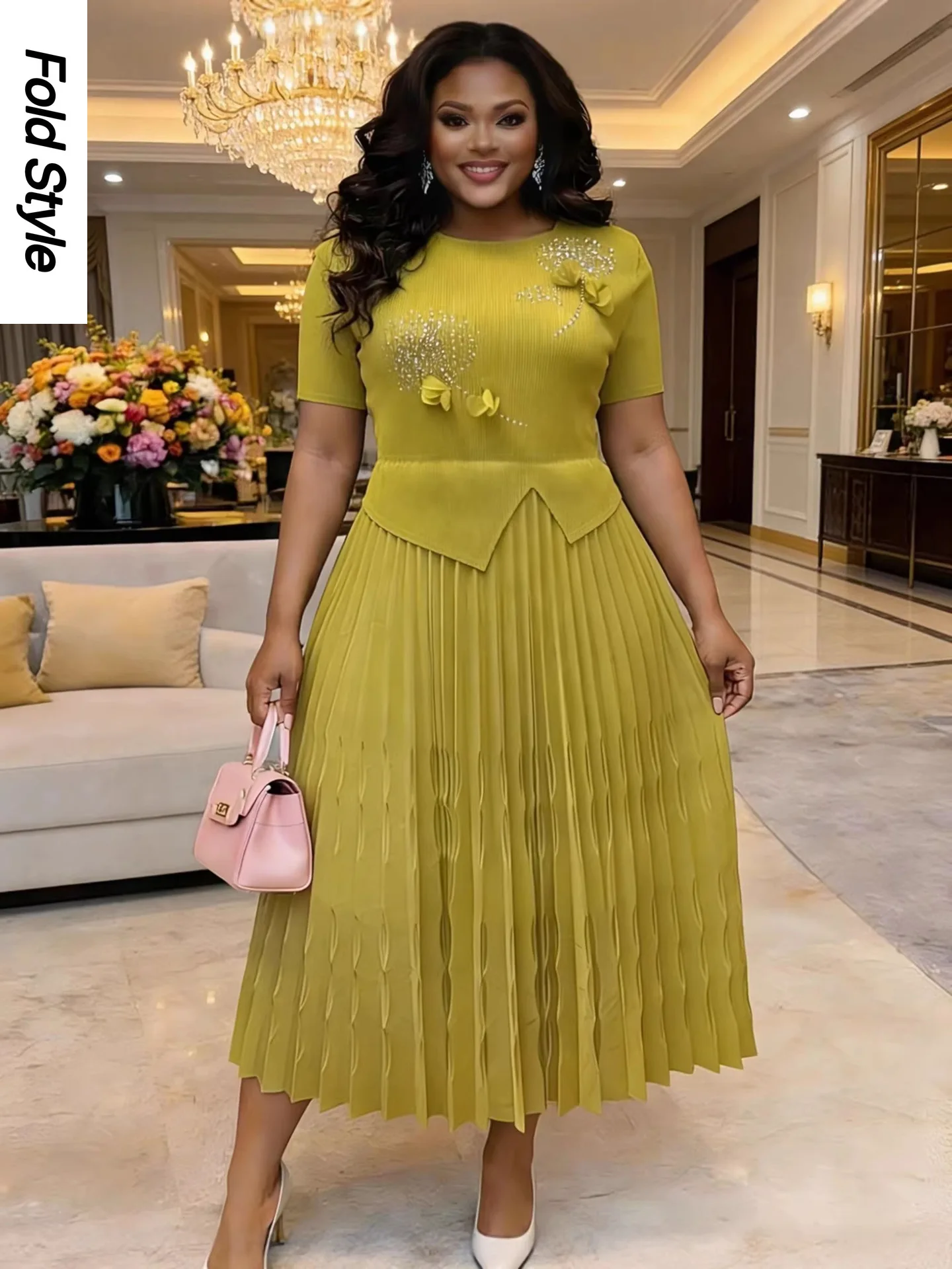 

Новое платье Miyake 2026: с круглым вырезом, завышенной талией, на бретелях, элегантное, свободного кроя, с плиссированной юбкой и коротким рукавом, женская одежда