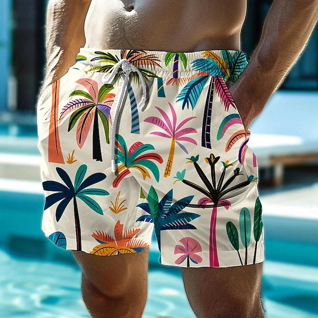 

Tropical Streetwear Colorful Palm Tree Shorts Men Retro Hawaiian Print Lightweight Beach Trunks For Summer Holiday Daily Wear