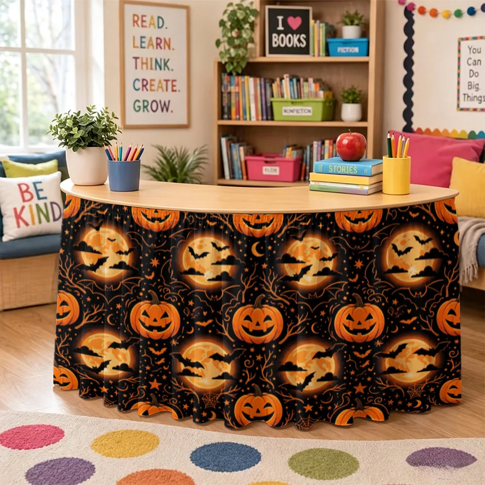 1-Piece Halloween and Christmas event decoration party tablecloth, rectangular table dress, Halloween pumpkin moon bat theme