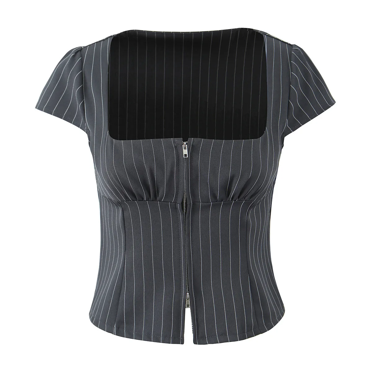 Women  Square  NECK Santa Cruz Zip Through Top Grey Pinstripe