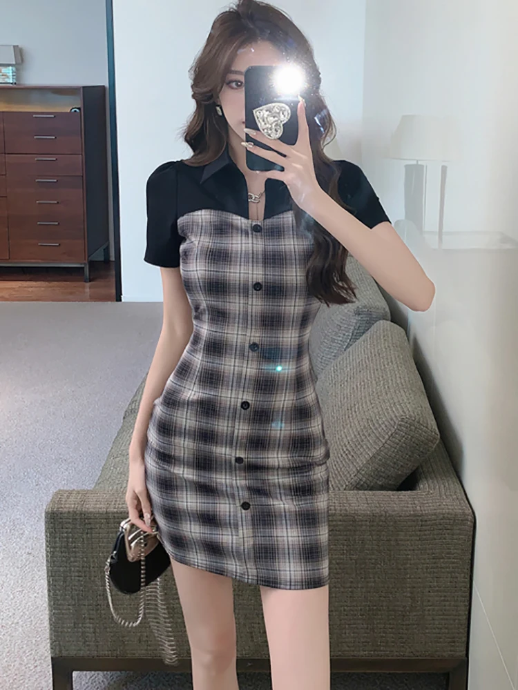 2024 Black Patchwork Plaid Short Sleeve Mini Dress Women Fashion Polo Collar Shirt Dress Spring Summer Korean Elegant Prom Dress