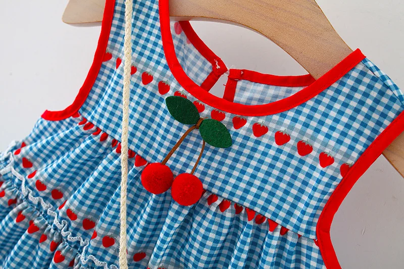 Baby girl's new summer dress with sleeveless round neck plaid heart cherry cotton skirt and diagonal cross bag included image 4