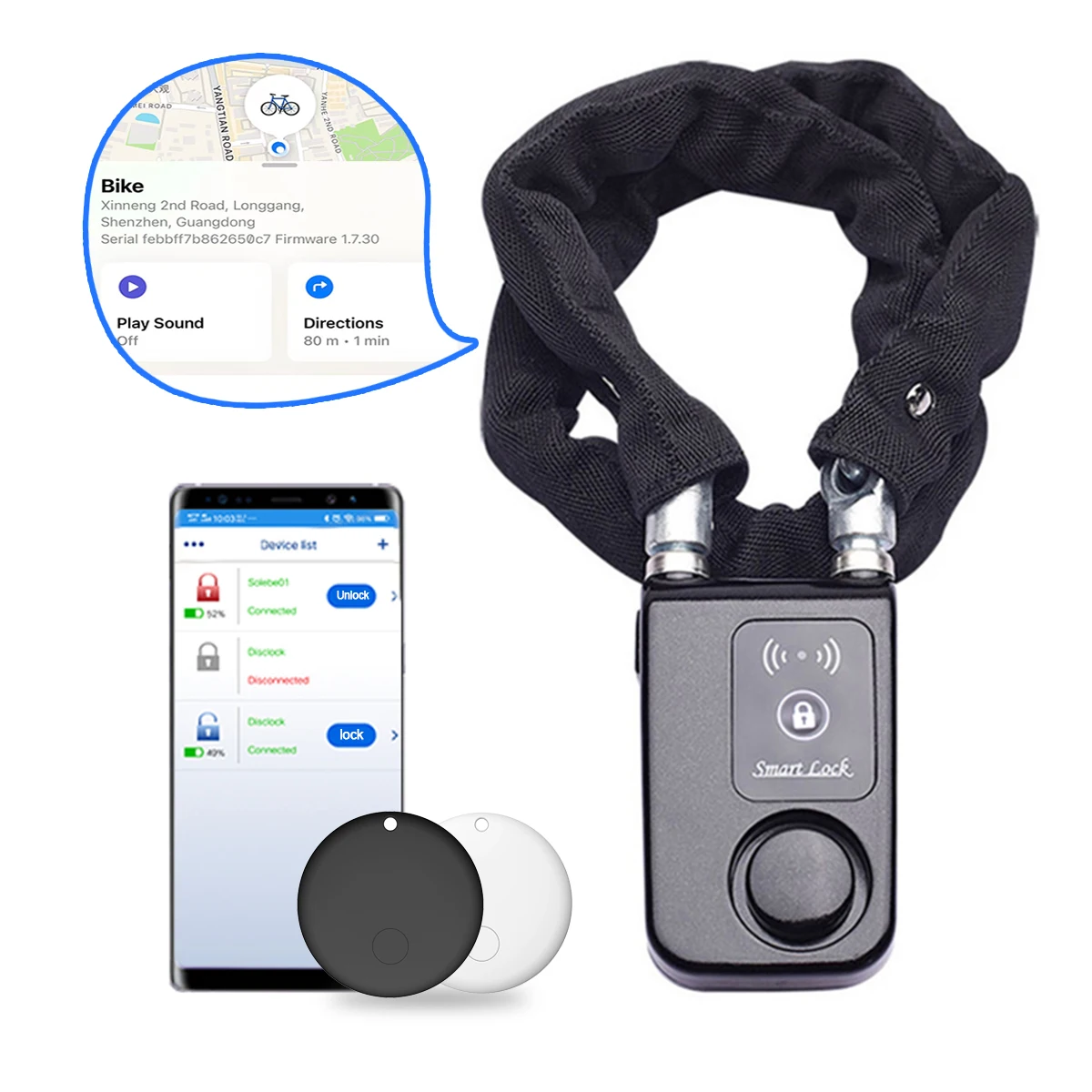 

110dB Alarm Bike Chain Lock IP55 Waterproof Anti-Theft Steel Security Lock with AirTag Slot for Bicycle Motorcycle Scooter