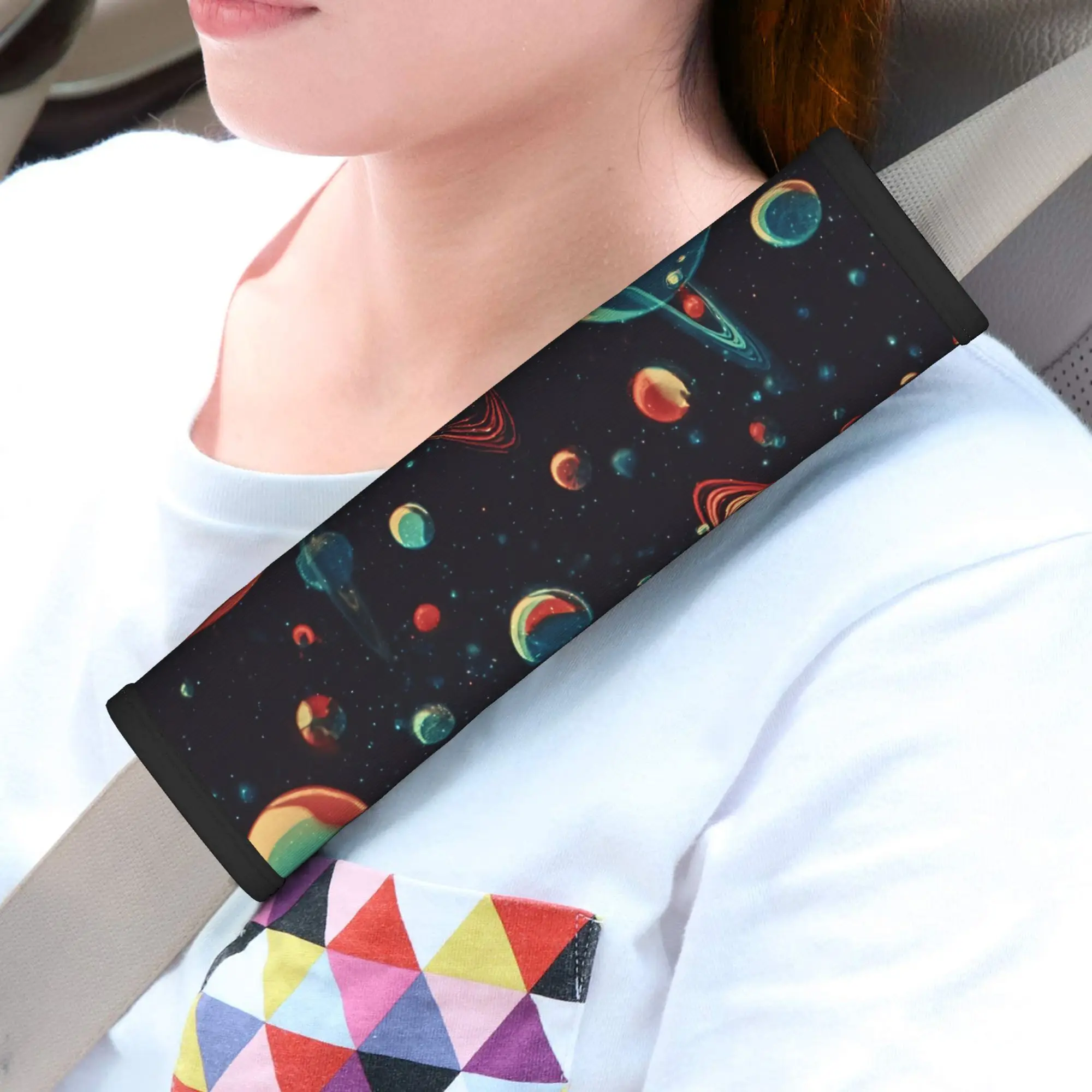 1pc Vibrant Retro Style Illustration Of Ringed Planets Floating In Starry Deep Cosmic Space Car Anti-Kicking Mat, Car Seat Anti-