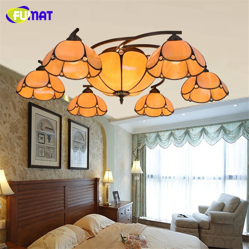 

FUMAT European Luxury Vintage Warm Ceiling Lamp Living Room Remote Control Stained Glass LED Light Yellow Shade Ceiling Lights