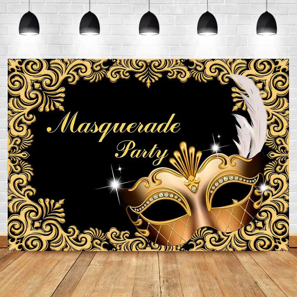 Nitree Masquerade Backdrop Gold Feather Diamond Mask Photography Background Luxury Vintage Pattern Custom Background for Photo