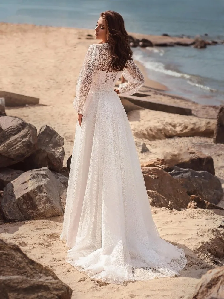 Simple A-Line Wedding Dresses V-Neck Applique Lace Long Sleeve Robe De Mariée Custom Made Lace-Up Back Sweep Train Bridal Gowns