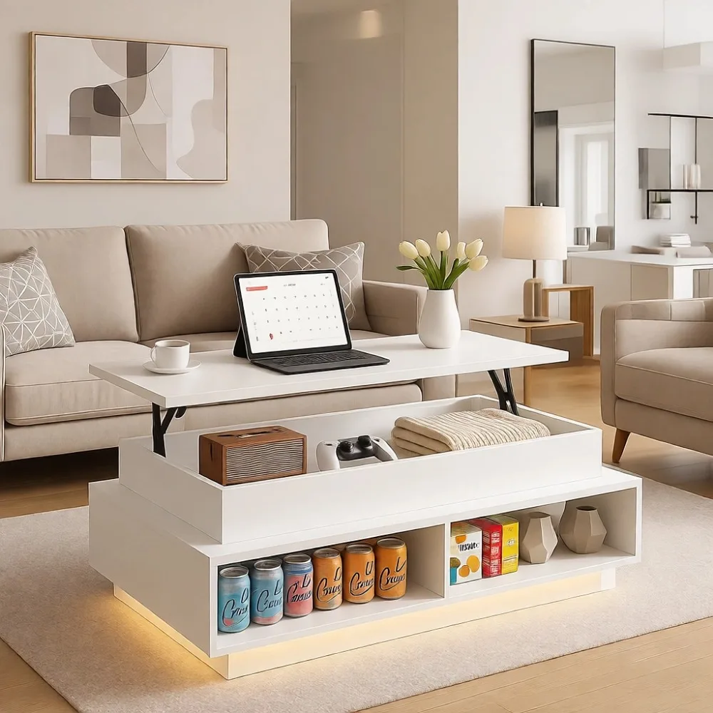 

Lift Top Coffee Table with Hidden Storage LED Lights Square Wood 4 Open Shelves Small Space White