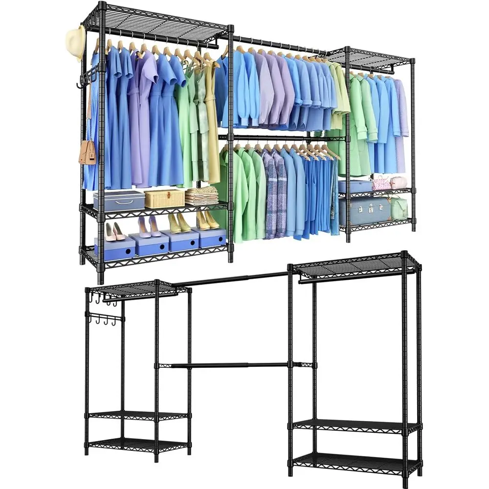 

Double-Tier Heavy-Duty Garment Rack, 71.5-91 W x 13.8 D x 71 H, Black, Closet Storage with Shelves & Expandable Rod