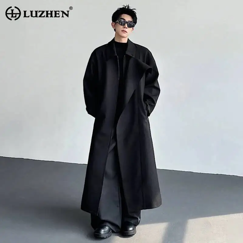 

LUZHEN 2026 New Original Solid Color Cross Placket Knee-length Windbreaker Coat Men's Fashion Elegant Temperament Trench JY6770