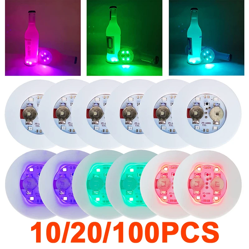 10-100PCS LED Flash Coaster Lights Battery Powered Luminous Bottle Stickers Wine Cup Mats Lamp Ktv Bar Party Drink Cups Decor