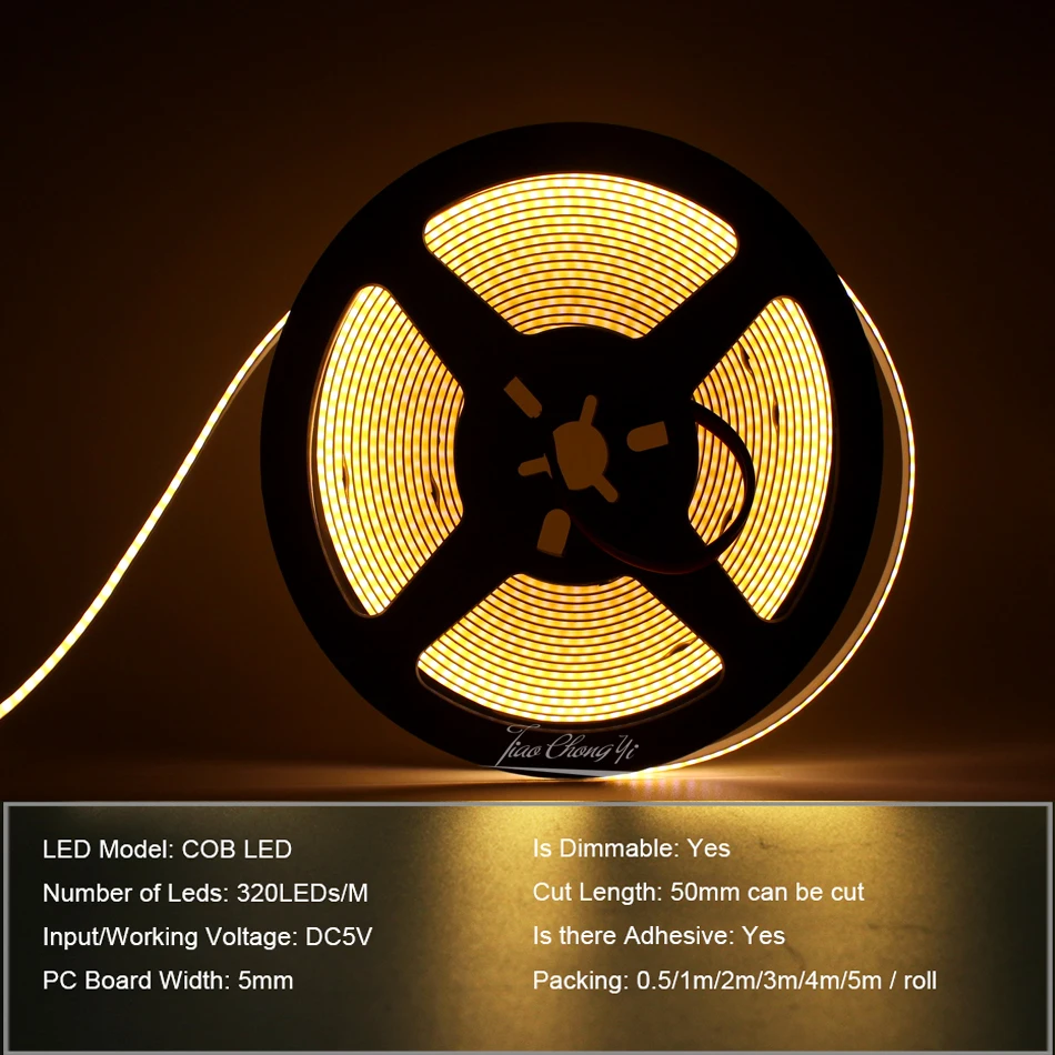DC5V USB COB LED Light Strip 320 LEDs/m High Density Linear Lighting Dimmable Flexible LED Tape White Red Green Blue