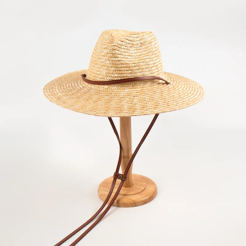 Unisex Summer Wide Brim Wheat Straw Hat Leather Strap Sun Protection Cap