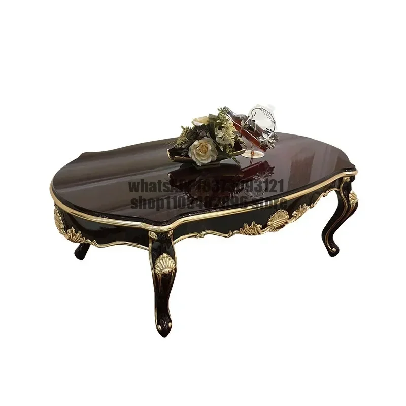 French solid wood coffee table, oval European luxury carved tea table, villa tea table living room