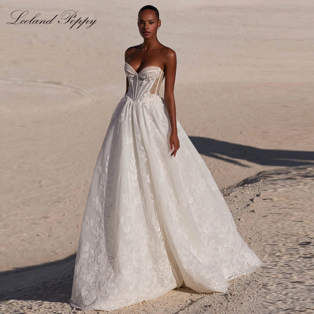 

Lceland Poppy Customized A Line Illusion Strapless Lace Wedding Dresses Floor Length Sleeveless Bridal Gowns with Court Train