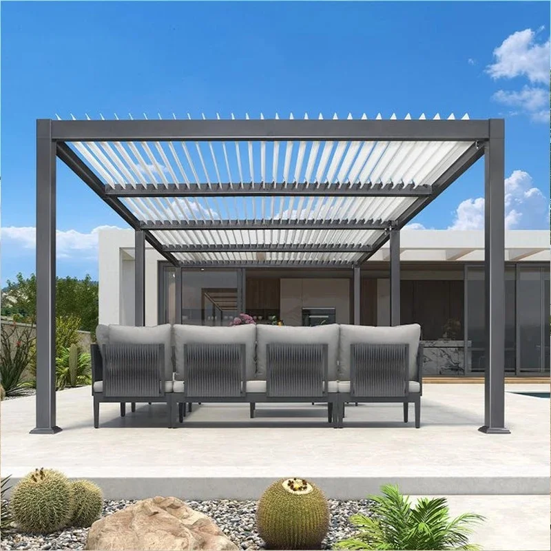Motorized Waterproof Pergola Aluminum Louver Roof System Outdoor Garden Shade Bioclimatic Structure Powder Coated